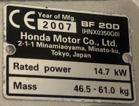 Honda BF20D kratka osovina; 2007; ručno paljenje; cca. 280 sati rada