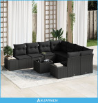 vrtni sofaset Set od 9 Crna Ratan, čelik obložen prahom - NOVO