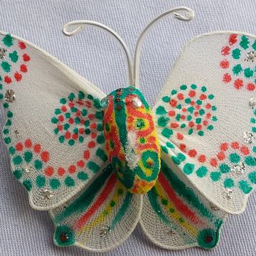 BROŠ - LEPTIR, crveno - zelene točkice. Mob