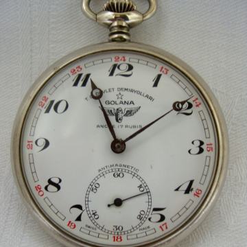 GOLANA ANTIMAGNETIC POCKET WATCH ,T.C DEVLET DEMRYOLLARI ANCRE 17 RUBI