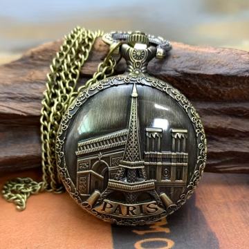 Starinski brončani kvarcni džepni sat s ogrlicom s Eiffelovim tornjem