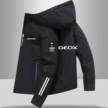 Muška GEOX crna jakna s kapuljačom, bijelim prugama i printom logotipa