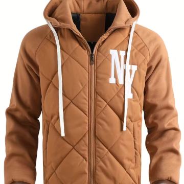 Muška topla smeđa sveučilišna jakna s kapuljačom, vezom NY,