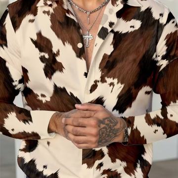 Muška smeđe-bijela košulja dugih rukava s uzorkom krave - Široki kroj