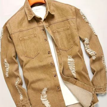 Muška traper košulja s pohabanim detaljima - opušteni kroj