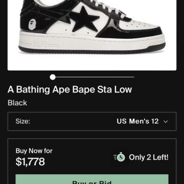 A Bathing Ape Bape Sta Low Black  EU 46,US 12