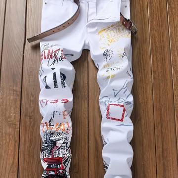 Muške  traperice s grafiti printom, punk hip-hop - uski kroj