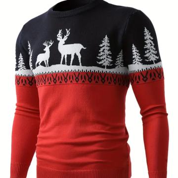Muški božićni pulover s okruglim izrezom i motivom sobova i bora