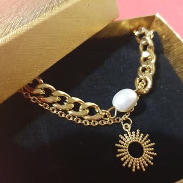 Narukvica kirurški čelik dupla s biserom, pozlaćena