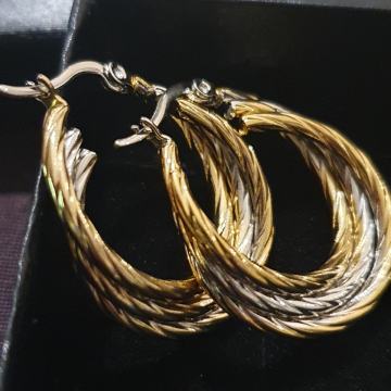 Naušnice kirurški čelik okrugle trostruke kombinacija čelika i pozlate