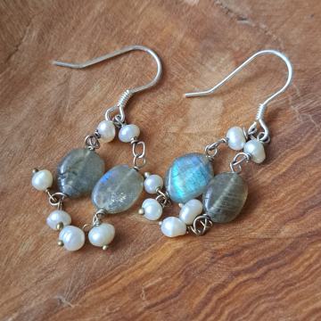 NAUŠNICE LABRADORIT + BISERI viseće naušnice