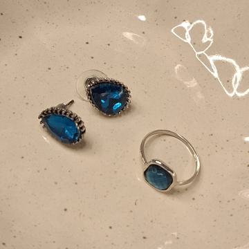 NAUŠNICE + PRSTEN S PLAVIM KAMENOM  - NOVO