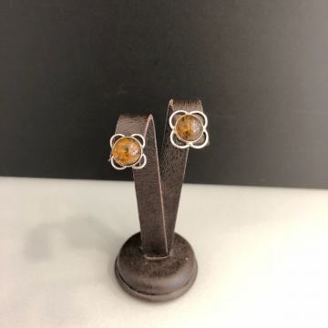 SREBRNE NAUŠNICE CVIJET SA JANTAROM 2,98g .925, R1, RATE, POVOLJNO!