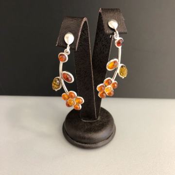 SREBRNE NAUŠNICE CVIJET SA JANTAROM 6,95g .925, R1, RATE, POVOLJNO!