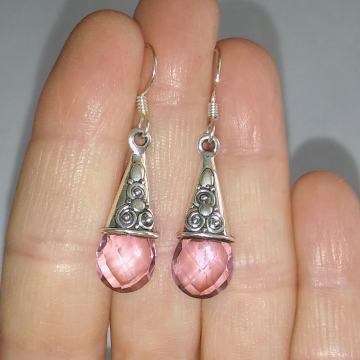 Srebrne naušnice, rozi kvarc, 925 srebro