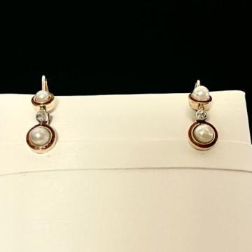 ZLATNE NAUŠNICE 14K 2,25G S BISERIMA I DIJAMANTIMA 0,05CT / R1, RATE!