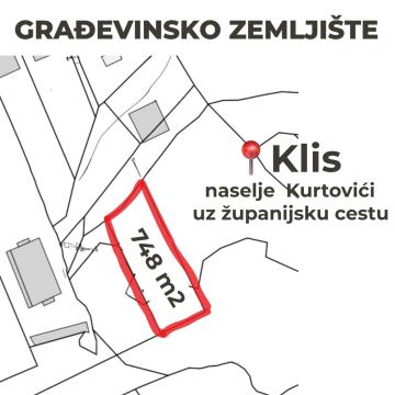 Građevinsko zemljište 748m2 Klis, Kurtovići. Uz županijsku cestu