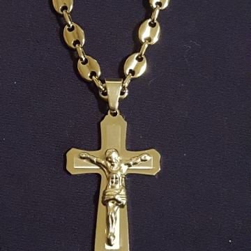 Lančić kirurški čelik "kava" vez 7 mm cijeli pozlaćen i križ kir.čelik