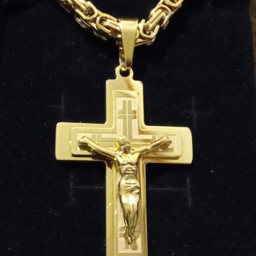 Lančić kirurški čelik kraljevski vez 5 mm cijeli pozlaćeni i križ pozl