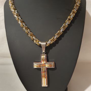 Lančić kirurški čelik kraljevski vez 7 mm djelomična pozlata i križ