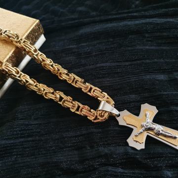 Lančić kirurški čelik kraljevski vez 9 mm cijeli pozlaćeni i križ