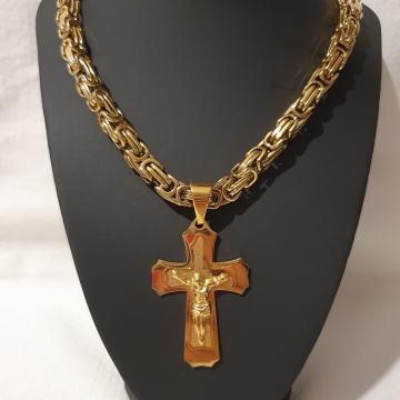 Lančić kirurški čelik kraljevski vez 9 mm cijeli pozlaćeni i križ