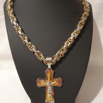 Lančić kirurški čelik kraljevski vez 9 mm djelomična pozlata i križ