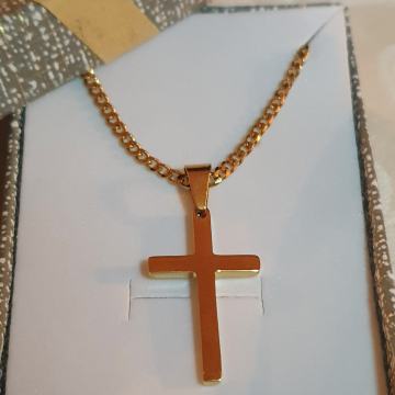 Lančić kirurški čelik kubanski vez 3 mm pozlaćen i privjesak križ kiru