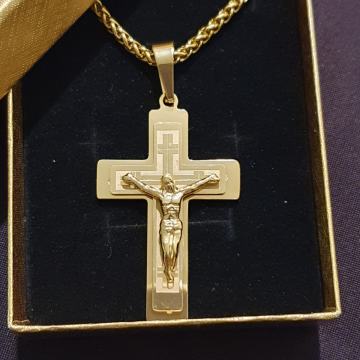 Lančić kirurški čelik pletenica cijela pozlaćena širine 3 mm i križ