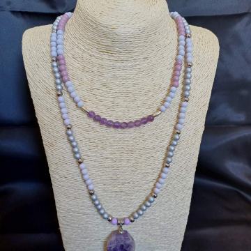 Ogrlica, ručni rad, ametist i staklo * rasprodaja*