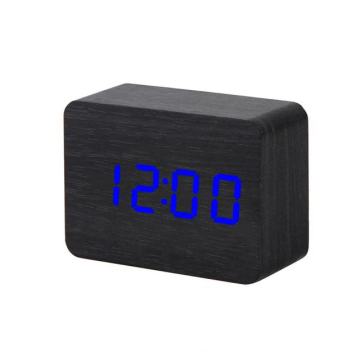Digitalni crni stolni sat / imitacija drva/ LED plavi prikaz brojeva