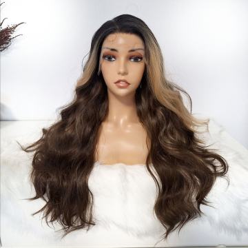 Duga čokoladna perika s ombre efektom i plavim pramenovima na mrežici