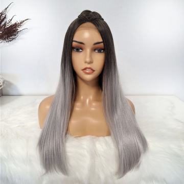 Ravna plava Ombre perika s čipkastim prednjim dijelom i pletenicom