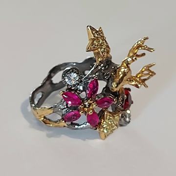 PRSTEN SREBRO PRAVO 925 ŽIG,RODINIRANO, POZLATA 14 KT, TOPAZI