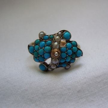 ZLATNI PRSTEN 8kt VIKTORIJANSKI 1860. BISERI I TIRKIZ SREBRO