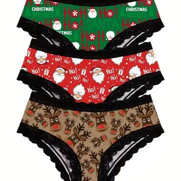 Ženske gaćice s božićnim printom i čipkastim obrubom, komplet od 3 kom