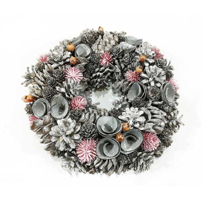Vijenčić božićni sa češerima i suhim cvijećem 30 cm srebrno - rozi
