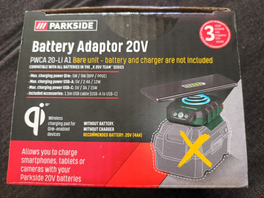 baterijski PWCA adapter Parkside A1, USB wireless aku X20V novo 20-Li