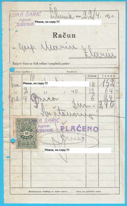 LUKA ŠARIĆ (ŠIBENIK) stari račun 1930. godine poslan na otok Zlarin