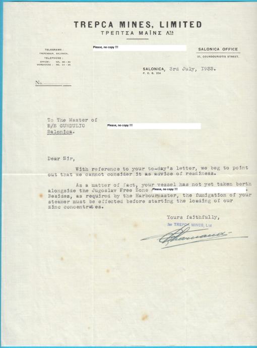 RUDNICI TREPČA - Ured u Solunu (Grčka) memorandum iz 1933.g. * Kosovo