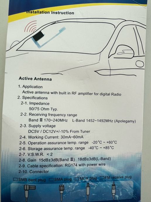 Dolphin Automotive CA-AN-DAB.001 – Antenna DAB/DAB+ Auto Per Radio Pioneer, Alpine, Kenwood, JVC, Montaggio Su Parabrezza, 3m Cavo