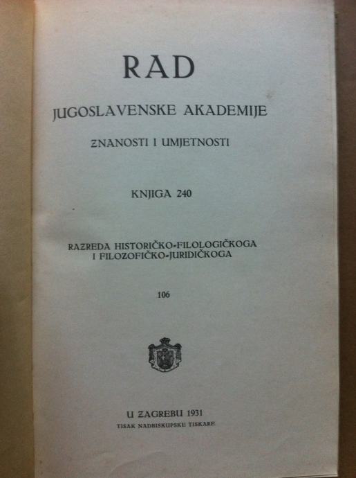 Rad JAZU, knjiga 240, 1931. (Z45)