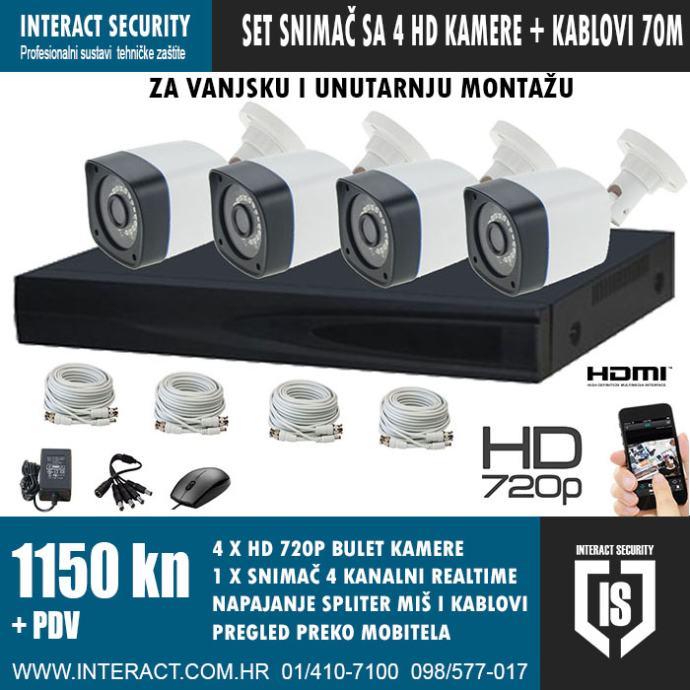 HD VIDEO NADZOR KOMPLET SA 4 HD 720p  KAMERE I KABLOVIMA 1150 kn + PDV