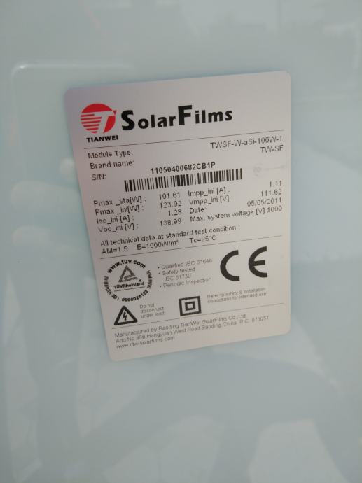 Thin Film (frameless), Solarni FN paneli 100W - 300kn (3.2kw)