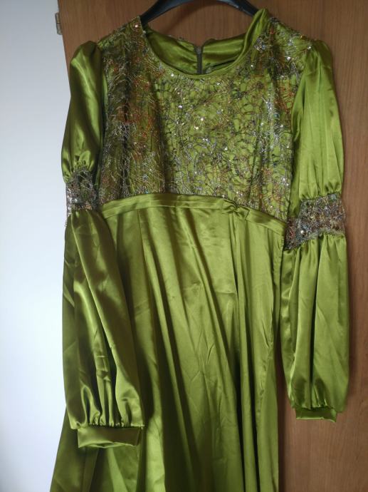 prekrasna zelena haljina od satena vel m šivana po mjeri kao nova