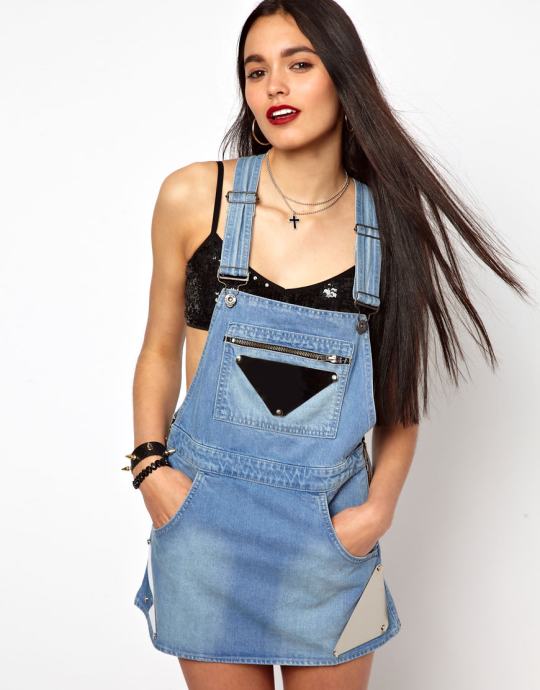 The Ragged Priest Dungaree Pinafore Dress with Mirror Plate-Blue Denim