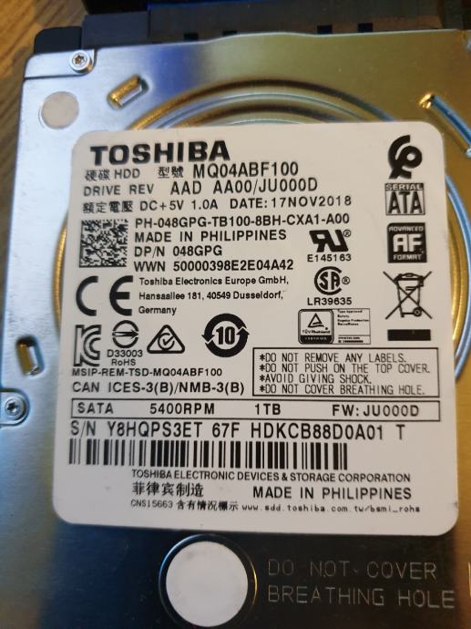 HDD Toshiba 1000 Gb 2,5", za Laptop, PS3, PS4