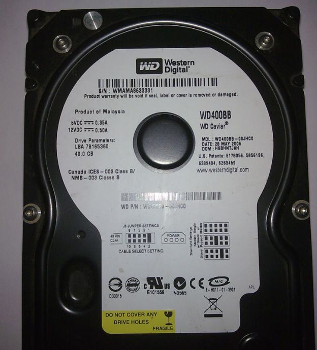 Disque Dur Western Digital WD400 40 Go IDE - Testé - Occasion Bon état - Pour PC Ancien