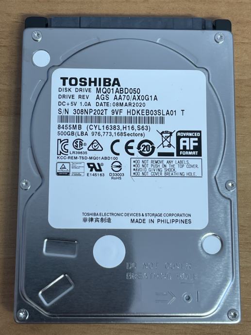 Toshiba 500 GB SATA 3Gb/s 5400RPM MQ01ABD050 NOVO R1 račun PDV
