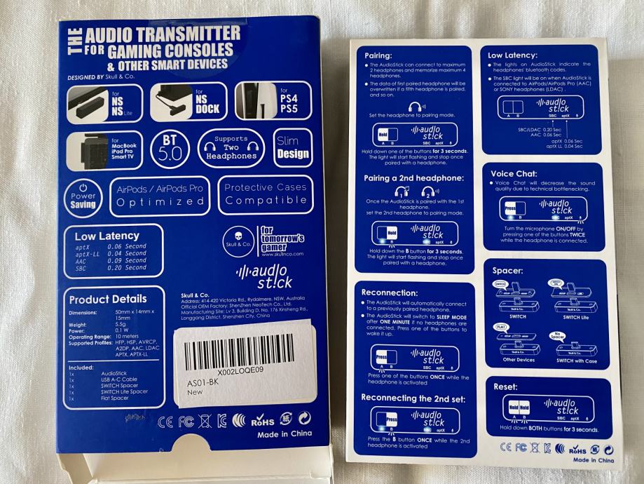 Skull & Co. AudioStick Bluetooth Transmitter. PS4 PS5 Switch Xbox PC